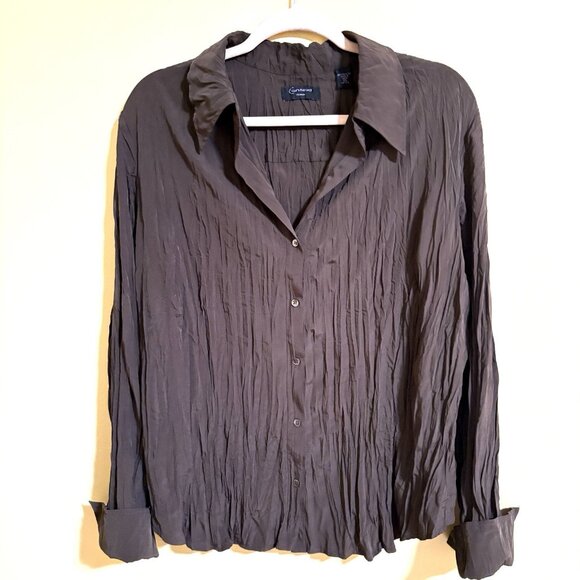 CONTEXI Blouse Womens 2X Dark Brown Crinkle Button Up French Cuffs Long Sleeves - Picture 1 of 11
